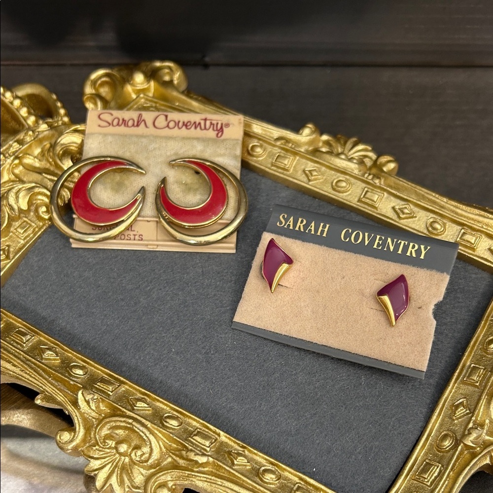 Vintage Sarah Coventry Gold-Tone Earrings with Red and Burgundy Enamel